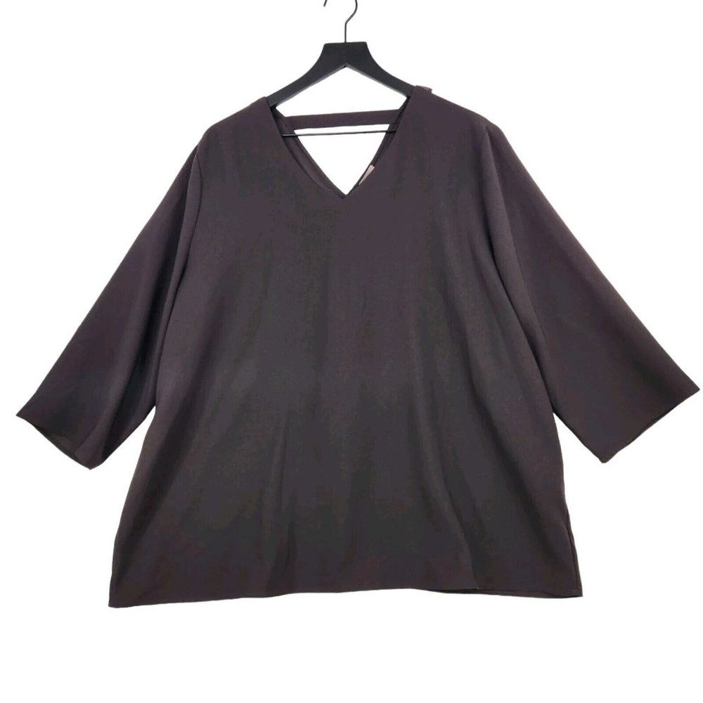 Chico's Blouse Size 3 (X-Large, 16) Dark Brown‎ Back Cascade Ruffle 3/4 Sleeve